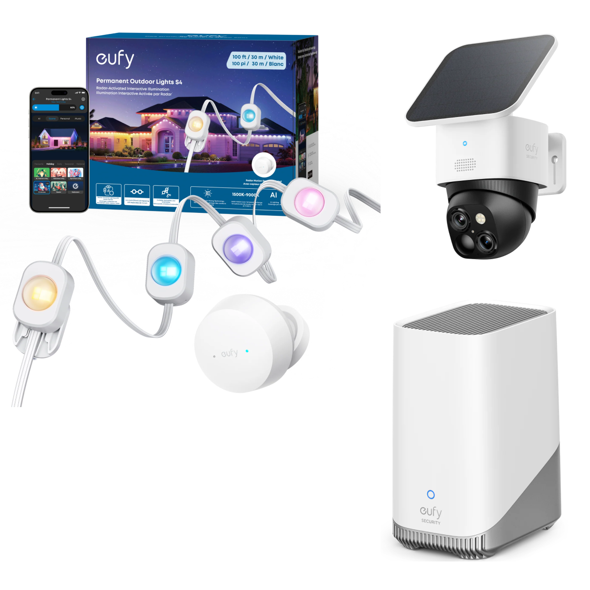 eufy Permanent Outdoor Lights S4 (100ft with 72 LED Lights)+SoloCam S340+HomeBase S380