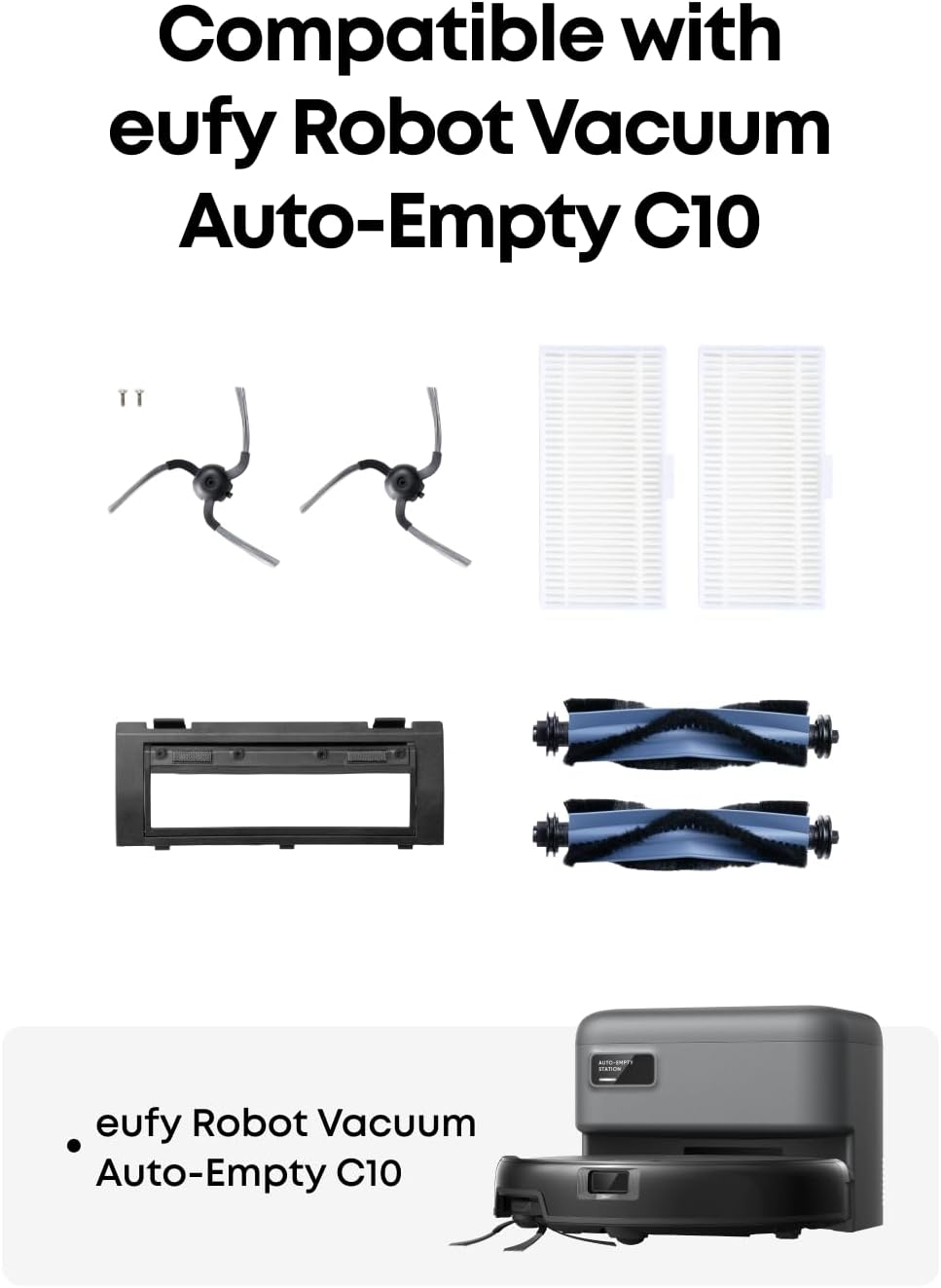 eufy RoboVac Replacement Accessories Kit (2 Side Brushes + 2 Filter Sets + Rolling Brush + Brush Guard) Compatible RoboVac C10.