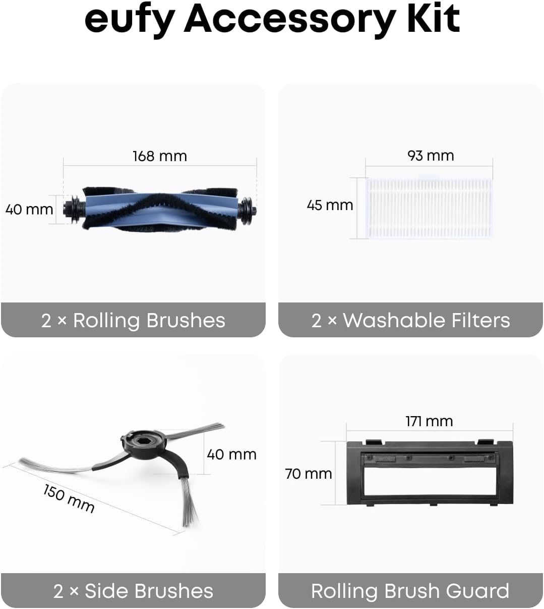 eufy RoboVac Replacement Accessories Kit (2 Side Brushes + 2 Filter Sets + Rolling Brush + Brush Guard) Compatible RoboVac C10.